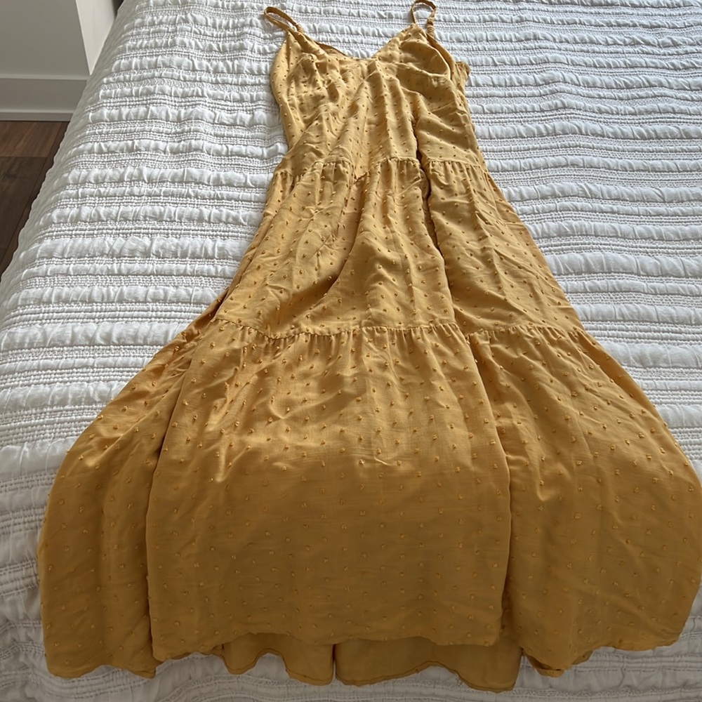Munny mustard butter yellow polka dot tiered spaghetti strap maxi dress